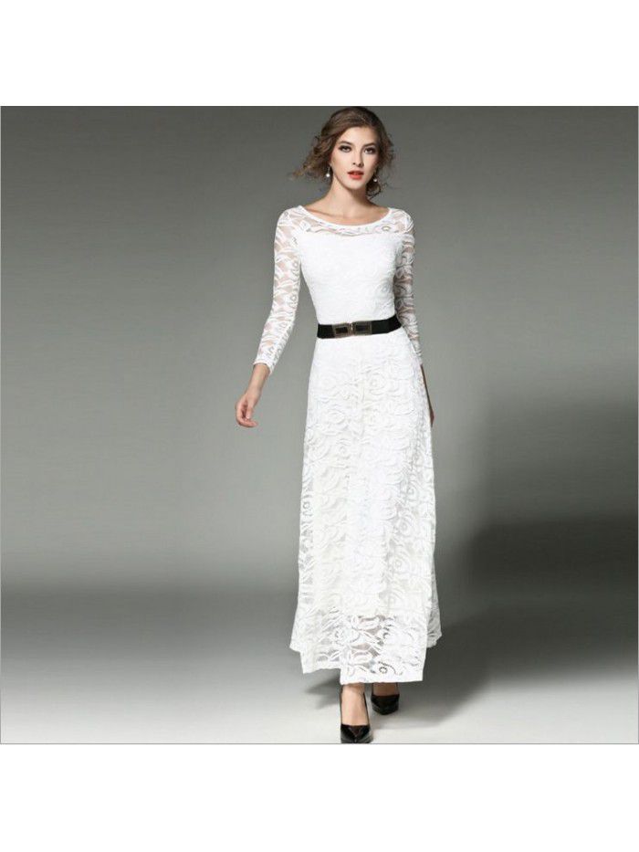 Autumn New Women's Dress Long Sleeve Slim Fit Solid Color Hooked Flower Hollow Lace Dress 