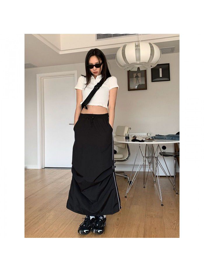 Design sense pleated small slit elastic waist skirt fashionable long skirt for women 
