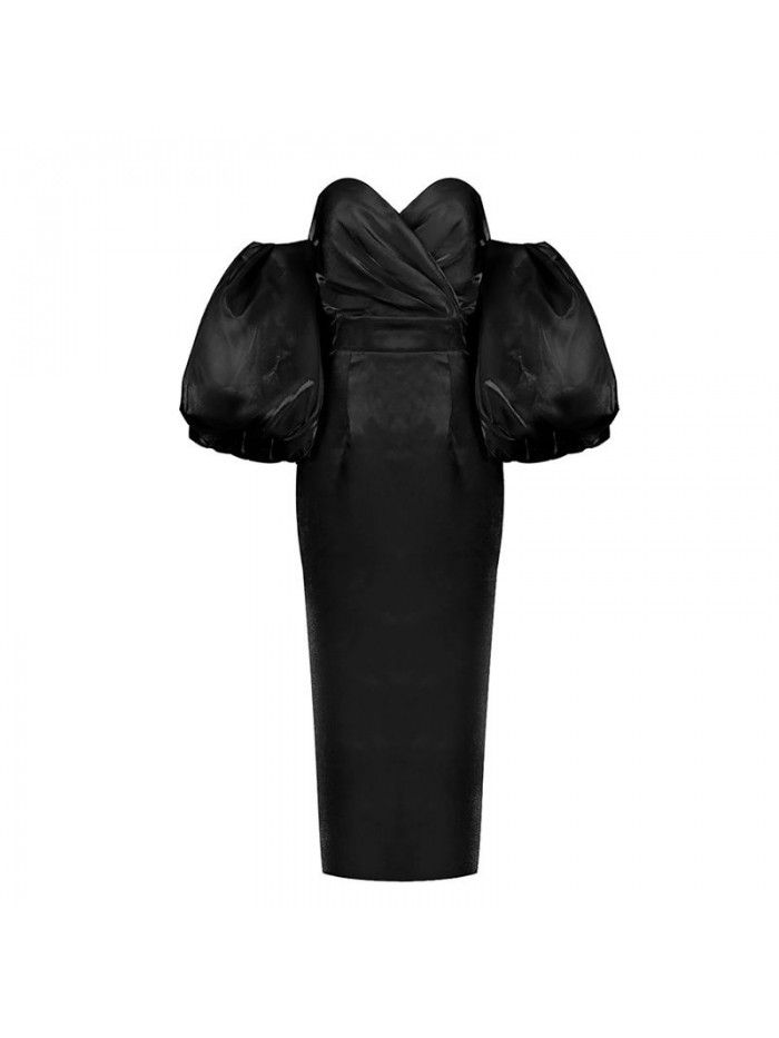 Autumn Women's Solid Color Wrapped Chest High Waist Lantern Sleeve Mid length Dress Dress 