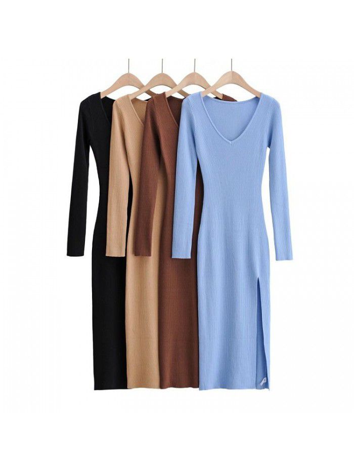 Dress Autumn and Winter Style Temperament Slim Fit V-neck Over Knee Long Dress Sexy Side Split Knitted Dress 