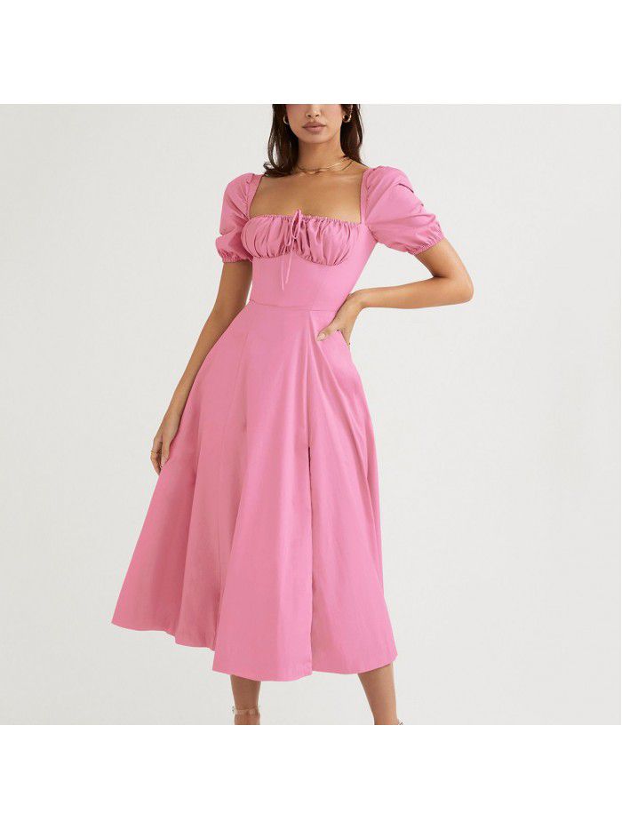 Summer Holiday Bubble Sleeve Solid Split Long Dress 