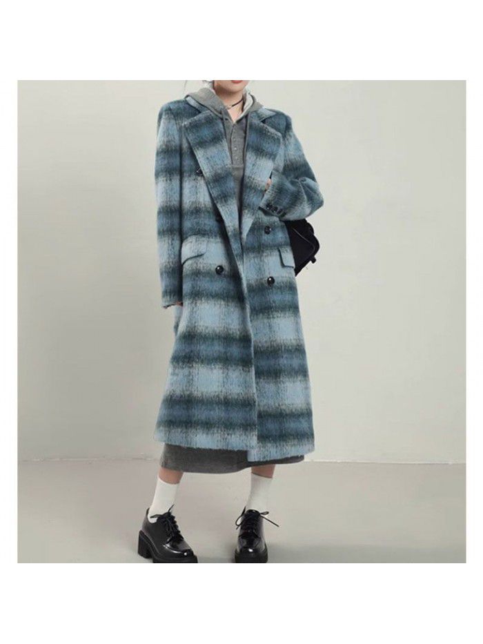 Blue plaid woolen coat for women's winter mid length woolen top coat