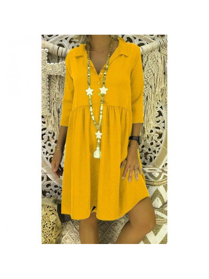 Women's 3/4 sleeve deep V-neck loose casual solid color dress 