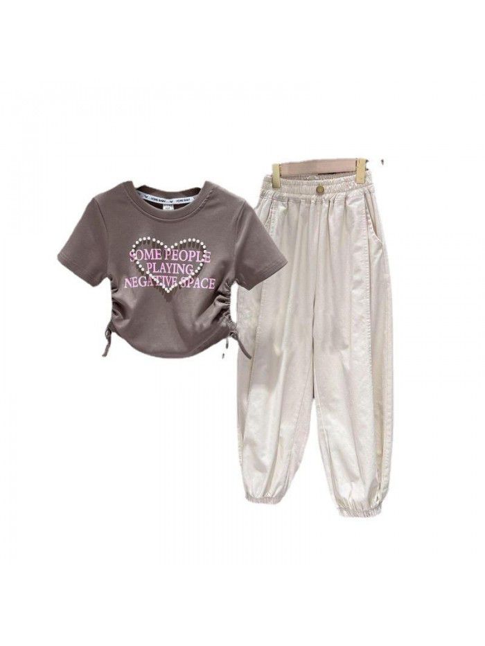  Two piece set of fashionable casual leggings for girls in summer, medium to large children's letter short sleeved girls