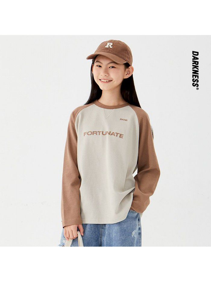 Spring Waffle Girls and Boys' Day Series Spliced Long Sleeve T-Shirt Children's Casual Round Neck Top 