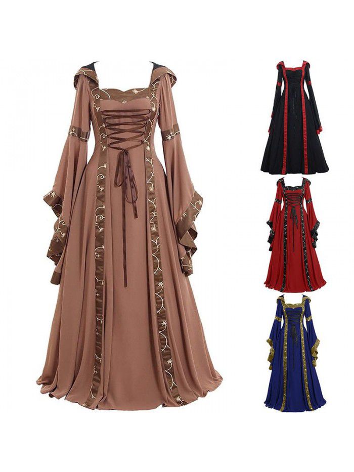 Retro Dress Square Neck Lace up Waist Flare Sleeve Halloween Dress 