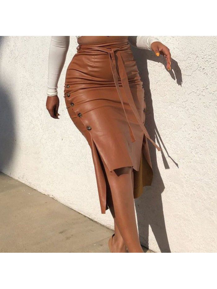 Women's Hot Sale Split Slim Fit Mid Length Wrapped Hip Skirt PU Skirt 