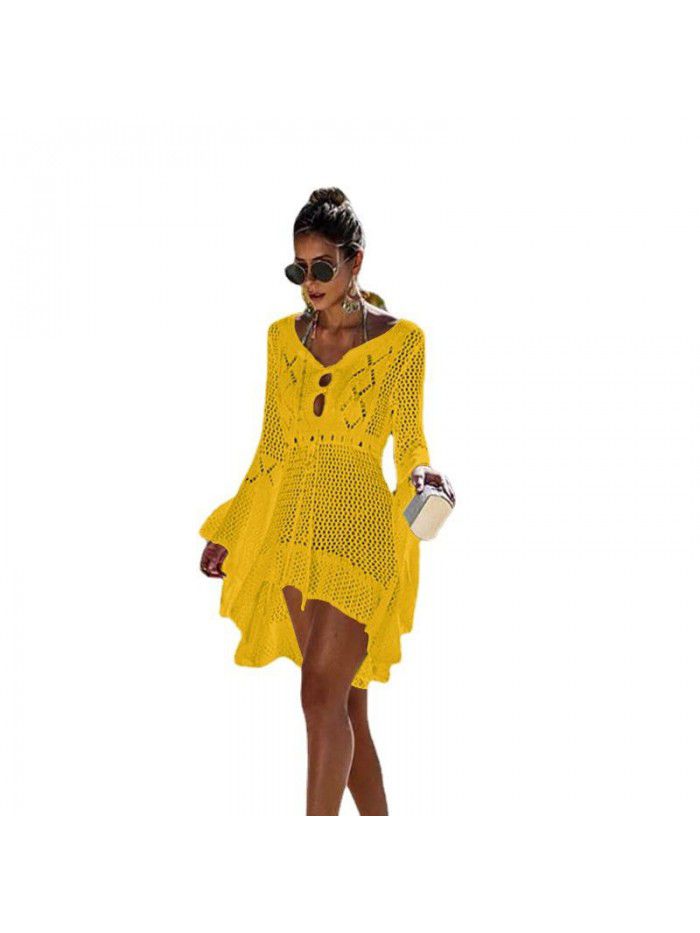 Women's Irregular Deep V Sexy Flare Sleeve Hollow out Woven Beach Cover Dress 