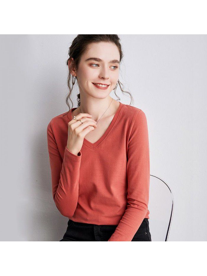 Women's Long sleeved T-shirt Women's Summer New Underlay V-neck T-shirt Loose Solid Color Simple 