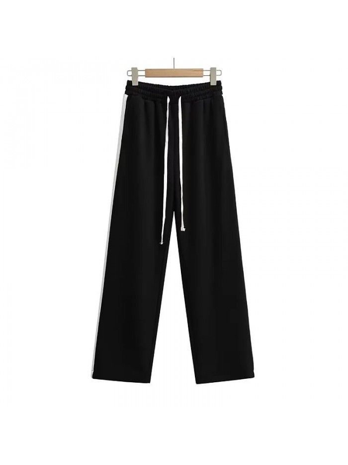 Side contrast color parallel bar guard pants Women's drawstring loose wide leg pants High waist slim casual pants Jazz dance pants 