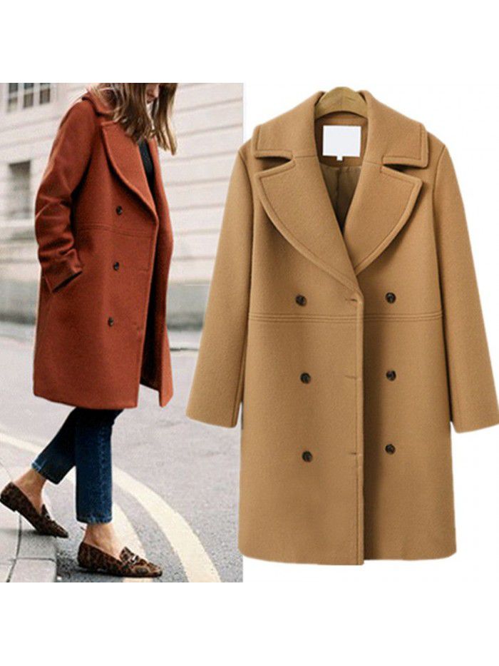 Autumn and winter women's woolen coat, women's double breasted medium length windbreaker, woolen coat