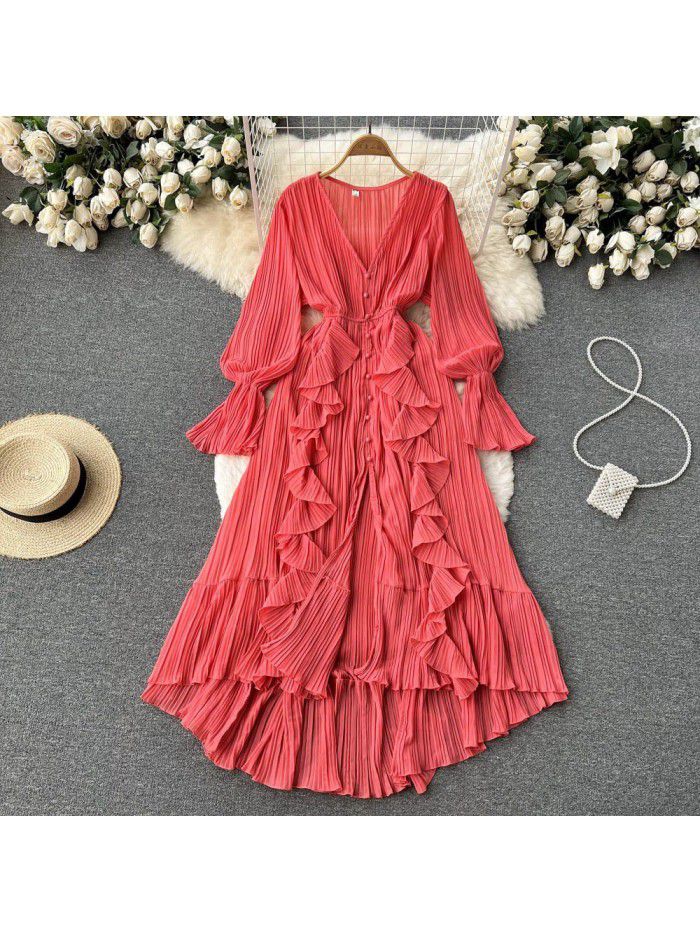 Fashionable and Sexy Solid V-Neck Ruffled Flare Sleeves to hem Dress 