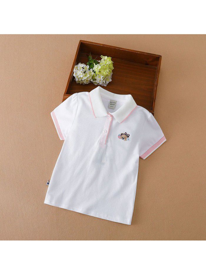 Girls' Short Sleeve T-shirt Polo Shirt Summer New Children's Top Pure Cotton Large Children's Wear Solid Color Underlay Shirt Thin 