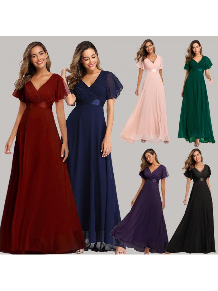 Spring/Summer Handmade Folded Big Swing Double V-neck Flare Sleeve Dress Elastic Chiffon Banquet Bridesmaid Large Evening Dress 