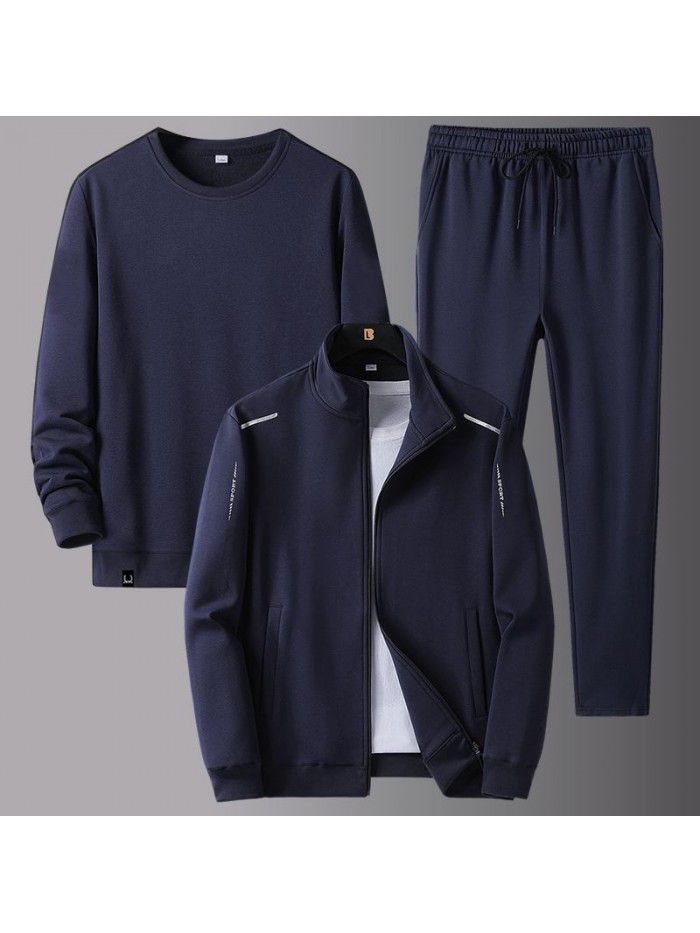 New men's spring and autumn sportswear suit middle-aged father's loose sweater three-piece large casual coat 