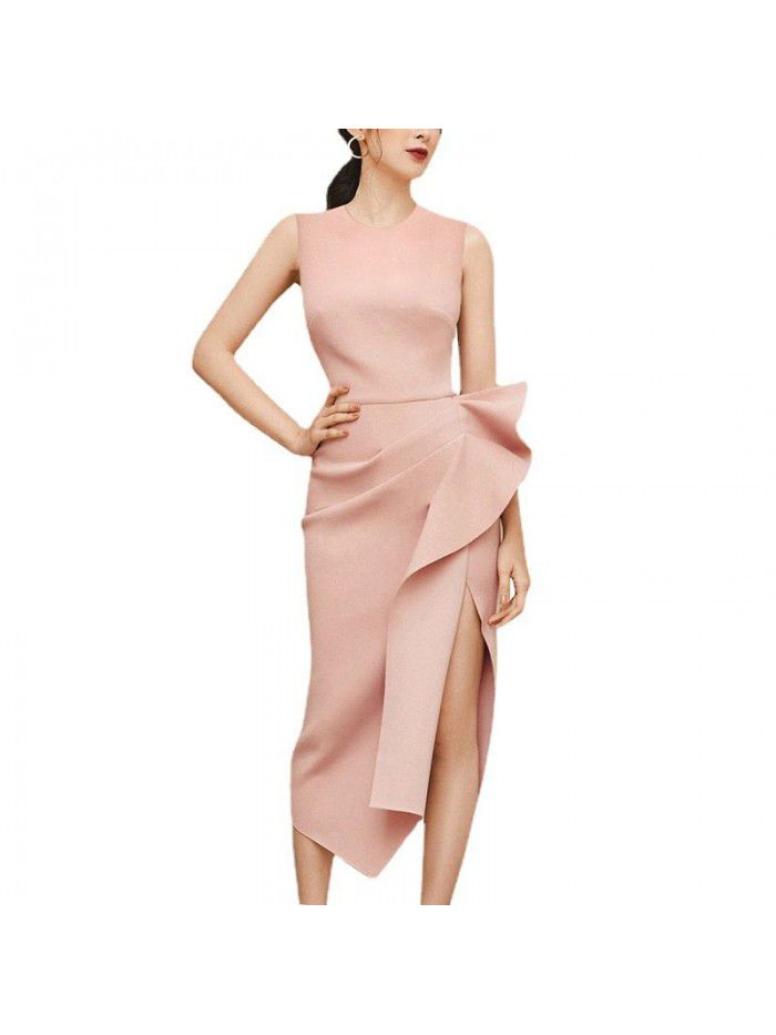 Celebrity Temperament Pink Slim Medium Long Dress High Waist Slim Fit Pleated Skirt Side Split Ruffle Edge Medium Long Dress 