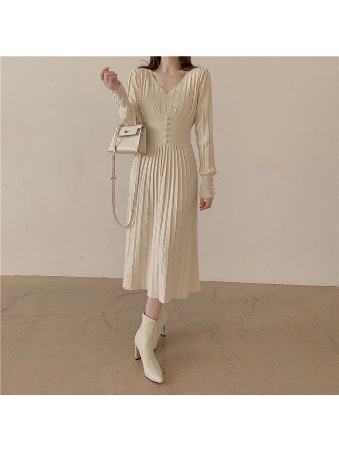 Early spring new v-neck medium-length knitted dress with thin temperament and large pleats in autumn and winter for women 