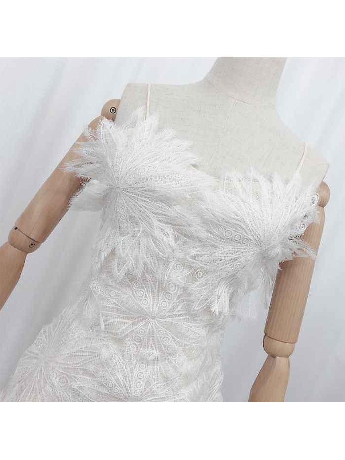 White Feather Lace Flower Fairy Dress Hanging Dress Hollow out Sexy Waist Wrapped Chiffon Dress First Love Dress 