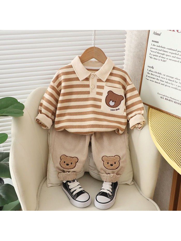 Children's Autumn Style Boys' Cute Striped Little Bear Polo Shirt Long Sleeve Sweater Pants Two Piece Set 