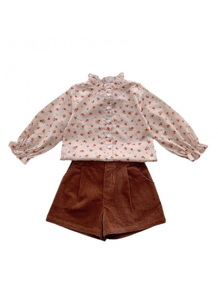 Girls' Long Sleeve Set Autumn Mid Children's Korean Edition Fragmented Blossom Top Vintage Corduroy Shorts Two Piece Set 