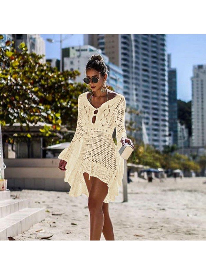 Women's Irregular Deep V Sexy Flare Sleeve Hollow out Woven Beach Cover Dress 