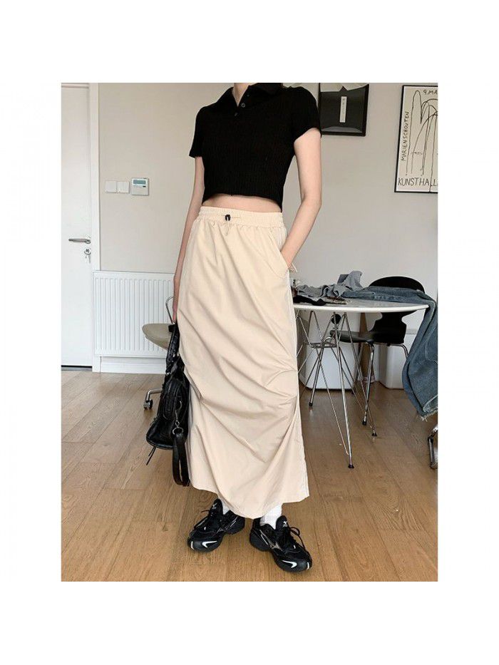 Design sense pleated small slit elastic waist skirt fashionable long skirt for women 