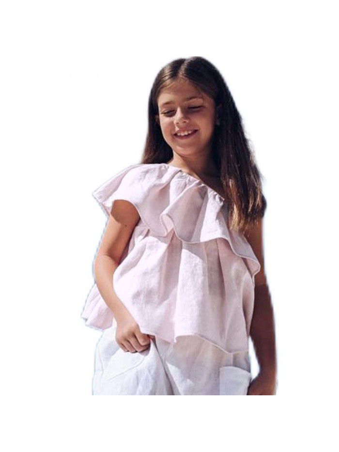 Girls' cotton and linen top girls' diagonal shoulder double-layer ruffle design sense summer children's clothing princess style sleeveless T-shirt 