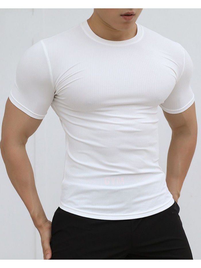 Sports Short Sleeve Men's Summer Solid Stripe Fitness Training Casual High Elastic Fit T-shirt Top 