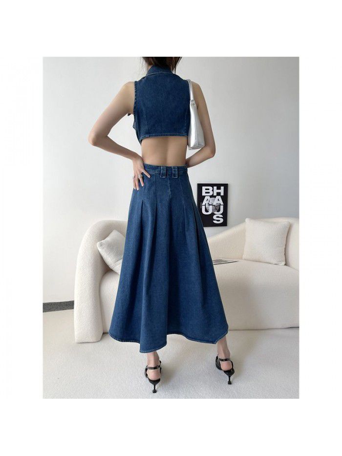 Denim Blue Hollow Open Waist Dress Women's Spring/Summer Slim Fit Side Waist High Split Style Dress 