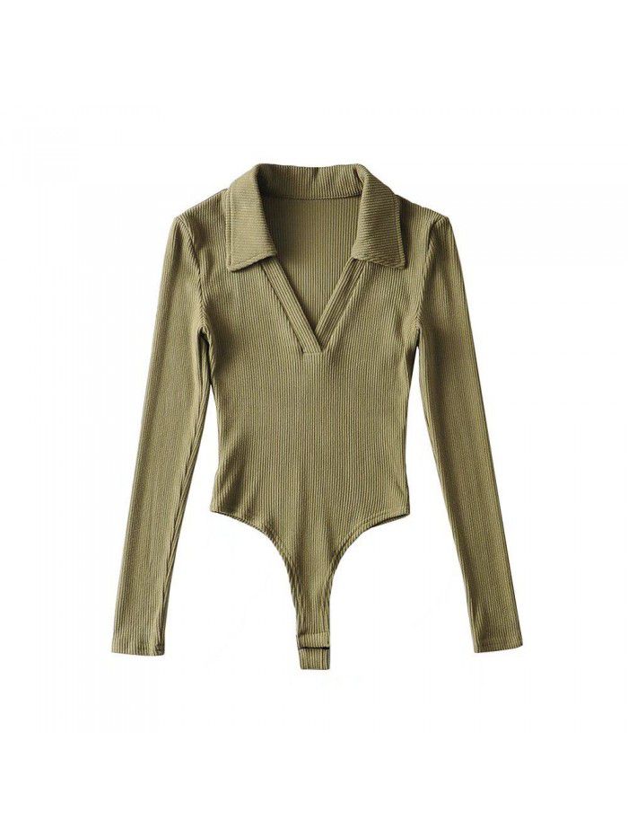 Deep V-neck long sleeved one piece women's autumn and winter polo collar slim fitting bottom T-shirt top 