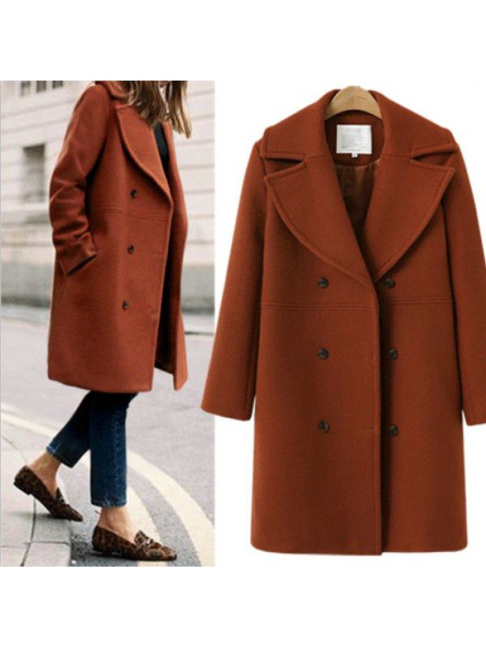 Autumn and winter women's woolen coat, women's double breasted medium length windbreaker, woolen coat