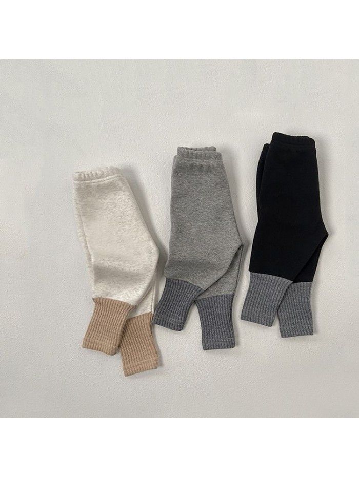 Thickened warm down pants for Korean children's clothing, baby and children's autumn style, plush patchwork bottom pants, baby winter pants 