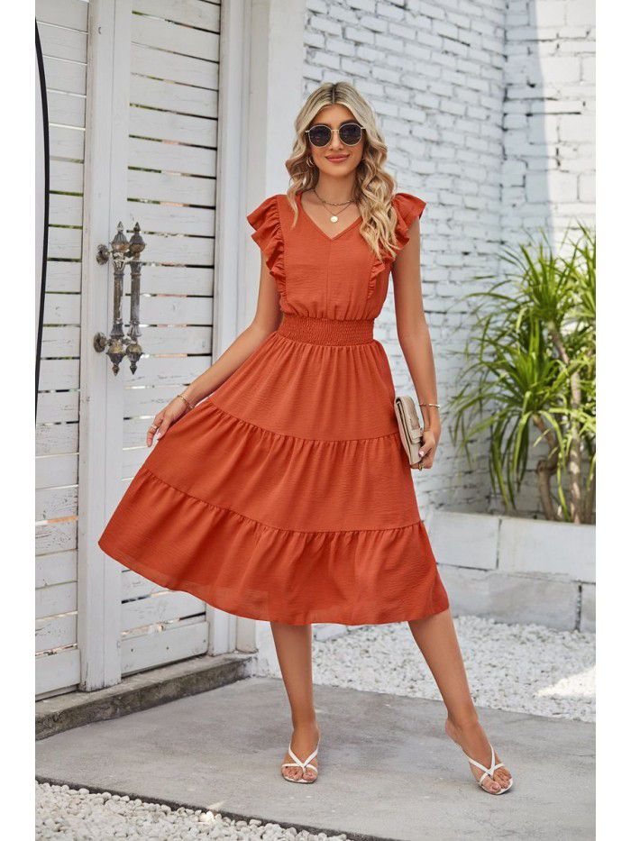 Women's New Wooden Ear Edge Sleeveless V-neck Waist Fold Dress 