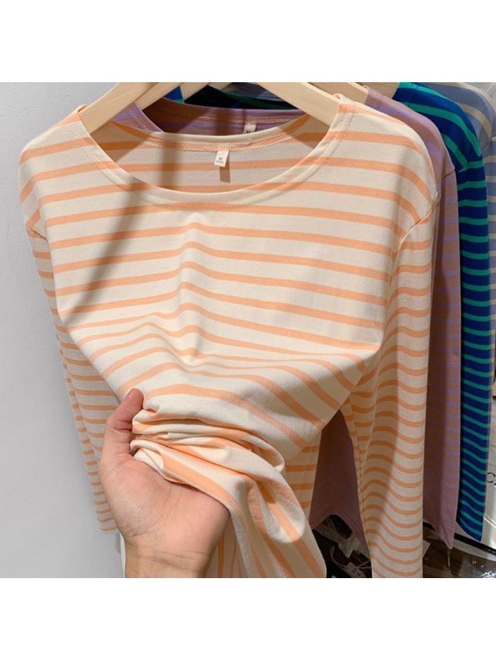 Cotton loose striped bottom shirt for women with spring and autumn Korean design sense long-sleeved T-shirt round neck versatile top 