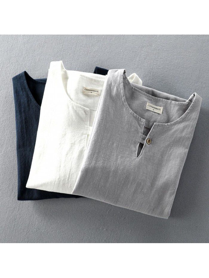 Summer New Men's Linen T-shirt Casual Wash Round Neck Cotton Linen Short Sleeve T-shirt 