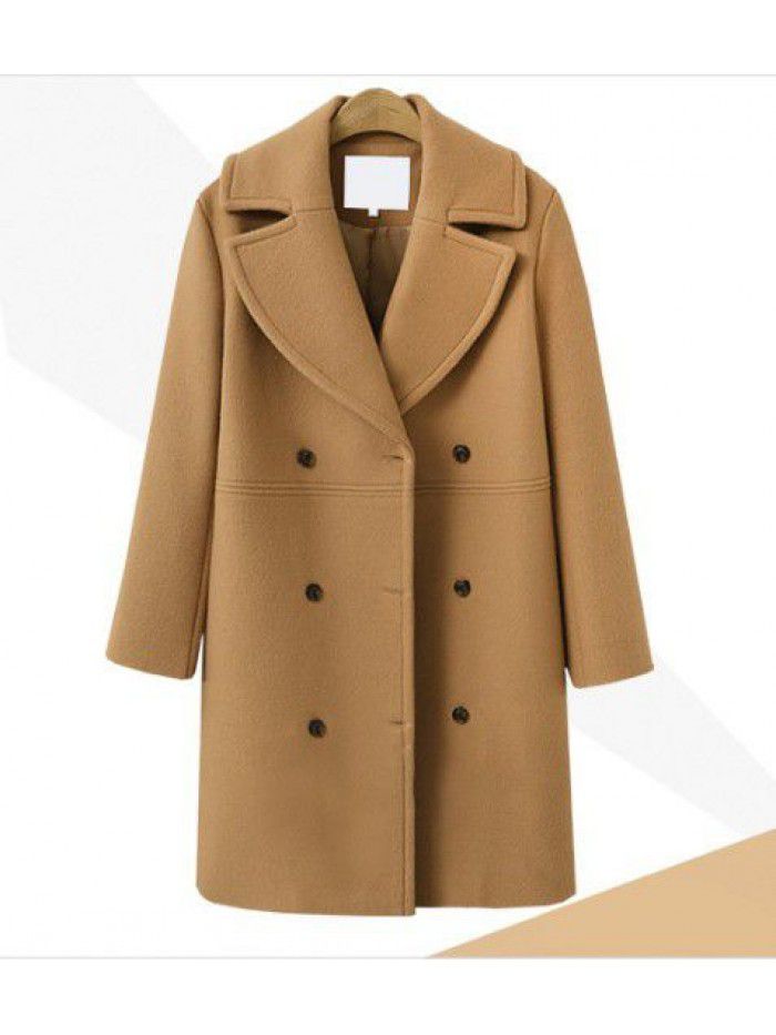 Autumn and winter women's woolen coat, women's double breasted medium length windbreaker, woolen coat