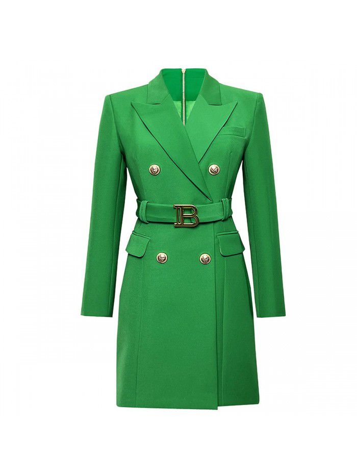 Spring and Autumn New Fashion High grade Solid Color Belt Long Sleeve Slim Fit Temperament Commuter Suit Dress Women 