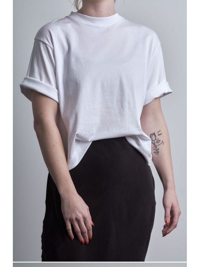 Cotton Crew Neck Loose Short Sleeve Personality T-shirt Loose Cuffs Cover the Body Slim Loose Fit 