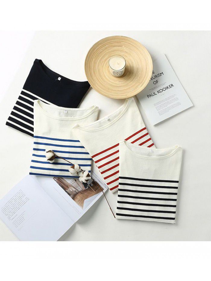 New coarse cotton striped T-shirt for women with long sleeved tops and autumn bottoms for women with loose spring and autumn bottoms for women 