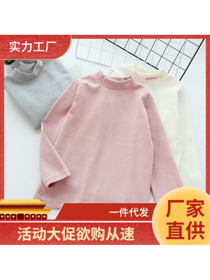 Children's cotton bottom shirt, girl's half-high neck T-shirt, medium and large children's versatility, autumn clothes, thick autumn and winter style 