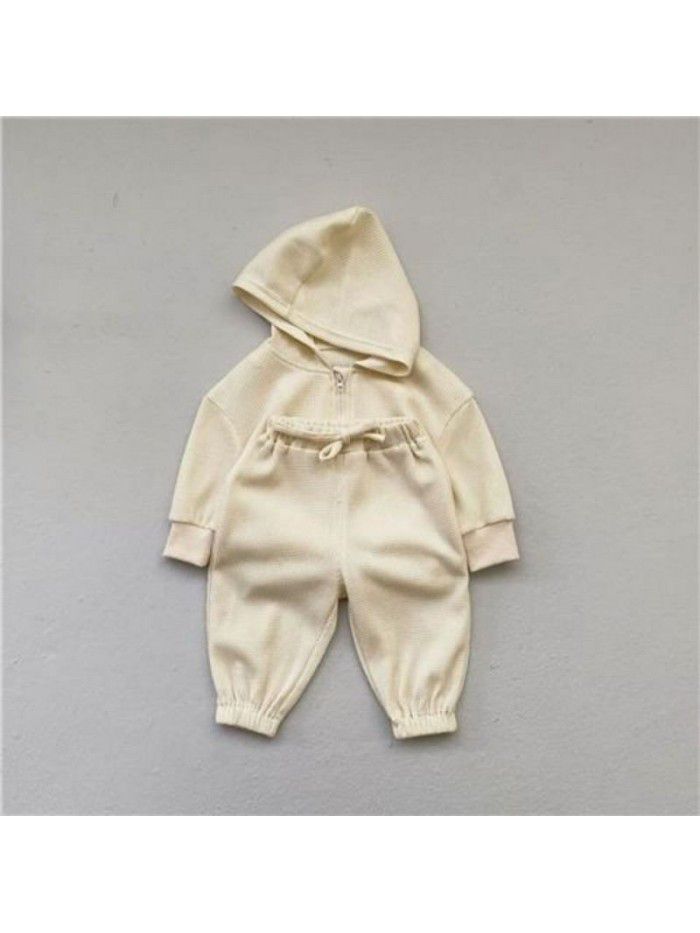 Children's casual set, spring and autumn styles, baby waffle hooded men's and women's baby sweaters and pants two-piece set 