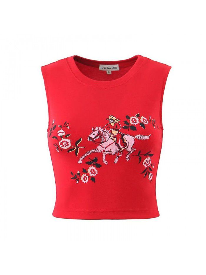Spring New Big Red Print Back Hollow High Elastic Small Tank Top T-shirt for Women 