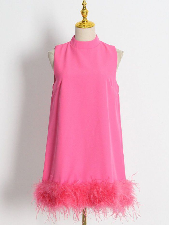 Autumn niche design feeling half high collar sleeveless solid color straight tube dress 