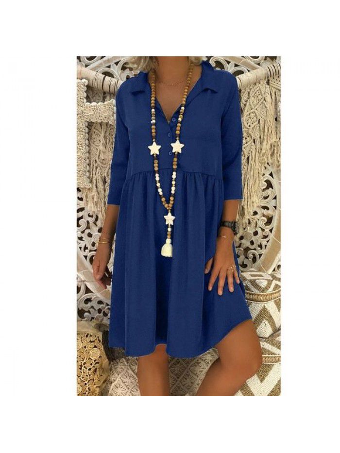 Women's 3/4 sleeve deep V-neck loose casual solid color dress 