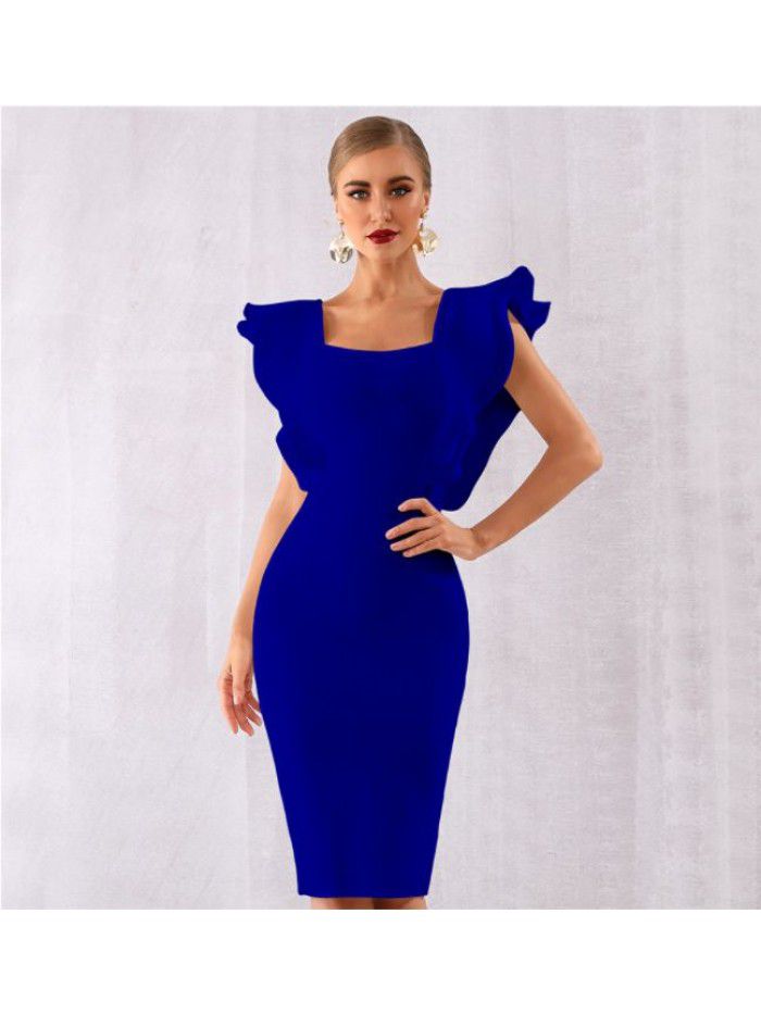 Summer Party Bandage Dress Sexy Ruffle Edge Butterfly Sleeve Tight Club Dress 