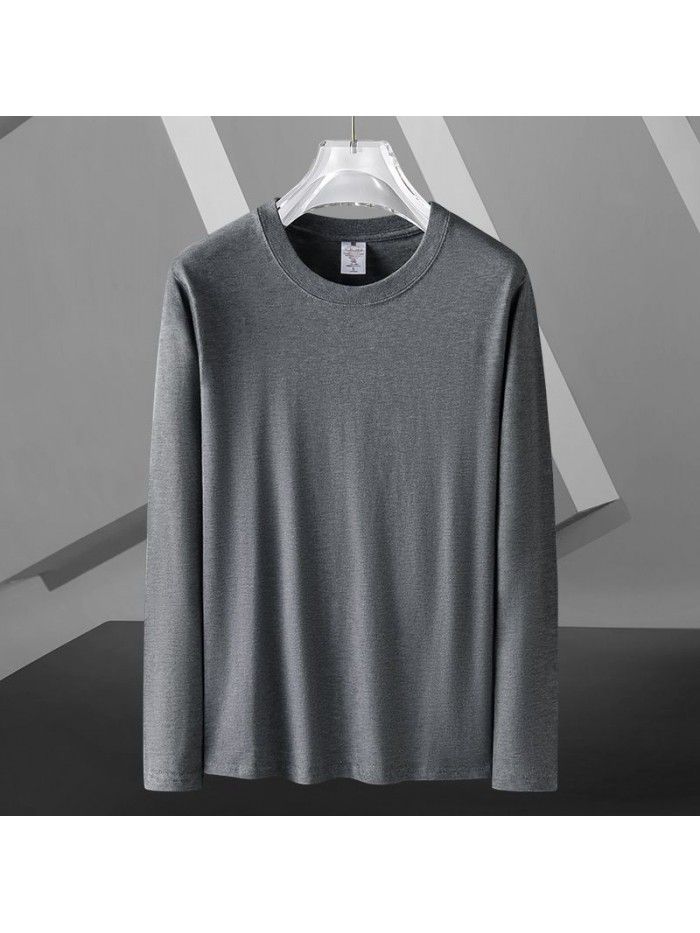 Long sleeved T-shirt for men in spring and autumn, round neck loose fitting pure white bottom shirt for men's upper garment 