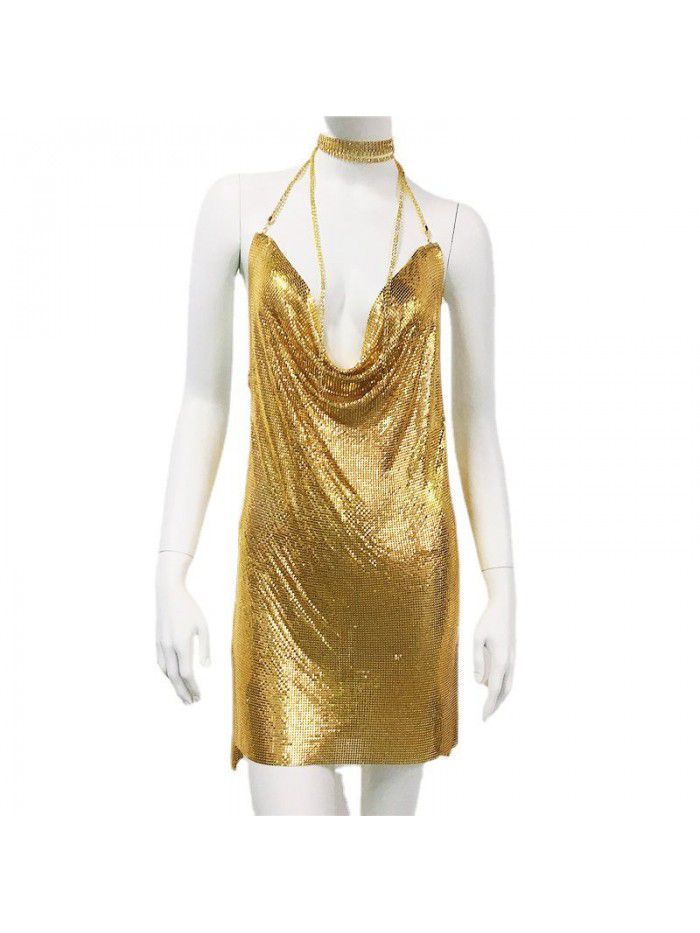 Women's Metal Sequin Dress Sexy Sweet Spicy Style Dress Water Diamond Sling Dress Women 