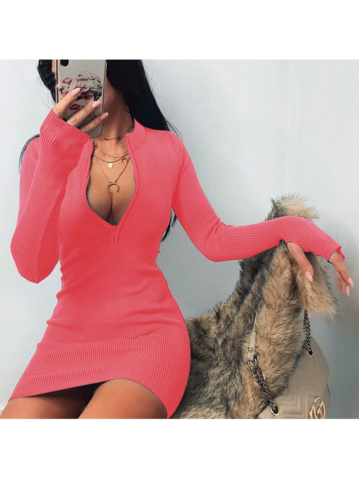Autumn/Winter Trend Women's Long Sleeve Dress Versatile Neckline Zipper Sexy Slim Fit Wrap Hip Dress 
