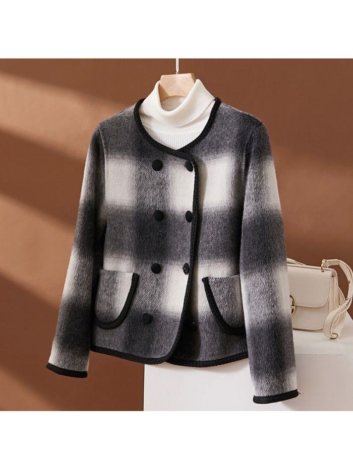 Checkered double-sided woolen coat for women's autumn and winter wool coat short coat for women's new style