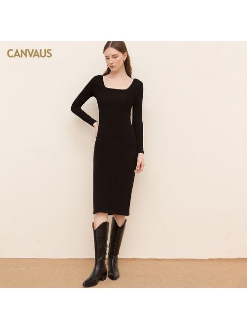 Square neck cotton medium length dress for women, ...